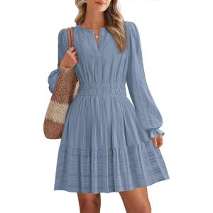 imageBTFBM Mini Dresses for Women 2025 Casual Lightweight Long Sleeve V Neck A Line Elastic Waist Party Holiday Dress PocketsDusty Blue