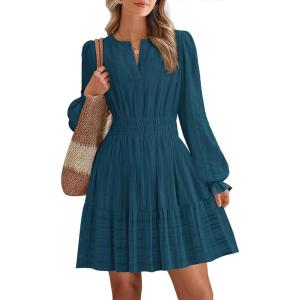 imageBTFBM Mini Dresses for Women 2025 Casual Lightweight Long Sleeve V Neck A Line Elastic Waist Party Holiday Dress PocketsLake Blue