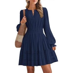 imageBTFBM Mini Dresses for Women 2025 Casual Lightweight Long Sleeve V Neck A Line Elastic Waist Party Holiday Dress PocketsNavy