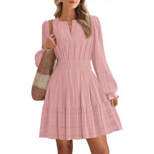 imageBTFBM Mini Dresses for Women 2025 Casual Lightweight Long Sleeve V Neck A Line Elastic Waist Party Holiday Dress PocketsPink