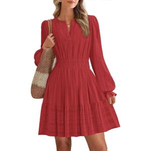 imageBTFBM Mini Dresses for Women 2025 Casual Lightweight Long Sleeve V Neck A Line Elastic Waist Party Holiday Dress PocketsRed