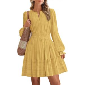 imageBTFBM Mini Dresses for Women 2025 Casual Lightweight Long Sleeve V Neck A Line Elastic Waist Party Holiday Dress PocketsYellow