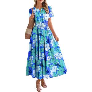 imageBTFBM Summer Dresses for Women 2025 Floral Casual Short Sleeve V Neck Elastic Waist Maxi Wedding Guest Dress PocketsFloral Blue Green