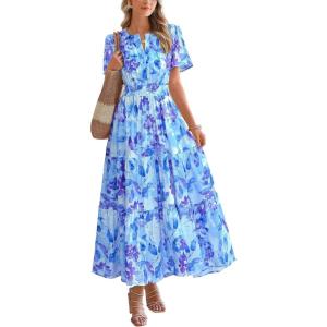 imageBTFBM Summer Dresses for Women 2025 Floral Casual Short Sleeve V Neck Elastic Waist Maxi Wedding Guest Dress PocketsFloral Blue Purple