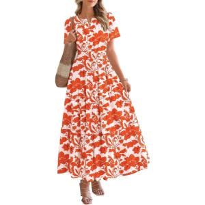 imageBTFBM Summer Dresses for Women 2025 Floral Casual Short Sleeve V Neck Elastic Waist Maxi Wedding Guest Dress PocketsFloral Brick Red