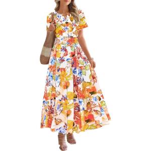 imageBTFBM Summer Dresses for Women 2025 Floral Casual Short Sleeve V Neck Elastic Waist Maxi Wedding Guest Dress PocketsFloral Multicolored