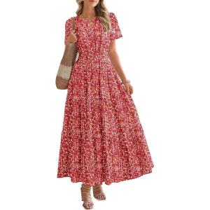 imageBTFBM Summer Dresses for Women 2025 Floral Casual Short Sleeve V Neck Elastic Waist Maxi Wedding Guest Dress PocketsFloral Orange Red