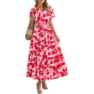 imageBTFBM Summer Dresses for Women 2025 Floral Casual Short Sleeve V Neck Elastic Waist Maxi Wedding Guest Dress PocketsFloral Red