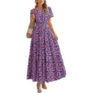 imageBTFBM Summer Dresses for Women 2025 Floral Casual Short Sleeve V Neck Elastic Waist Maxi Wedding Guest Dress PocketsFloral Red Blue