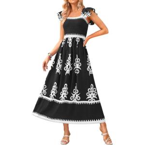 imageBTFBM Summer Dresses for Women 2025 Floral Smocked Boho Sleeveless Square Neck A Line Casual Beach Maxi Dress PocketsBlack