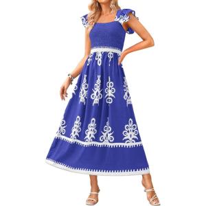 imageBTFBM Summer Dresses for Women 2025 Floral Smocked Boho Sleeveless Square Neck A Line Casual Beach Maxi Dress PocketsBlue