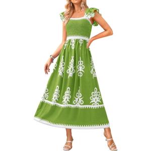 imageBTFBM Summer Dresses for Women 2025 Floral Smocked Boho Sleeveless Square Neck A Line Casual Beach Maxi Dress PocketsGreen