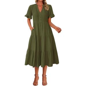 imageBTFBM Summer Dresses for Women 2025 Vacation V Neck Loose Short Sleeve A Line Tiered Flowy Casual Midi Beach DressArmy Green