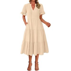 imageBTFBM Summer Dresses for Women 2025 Vacation V Neck Loose Short Sleeve A Line Tiered Flowy Casual Midi Beach DressBeige