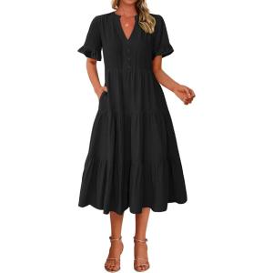 imageBTFBM Summer Dresses for Women 2025 Vacation V Neck Loose Short Sleeve A Line Tiered Flowy Casual Midi Beach DressBlack