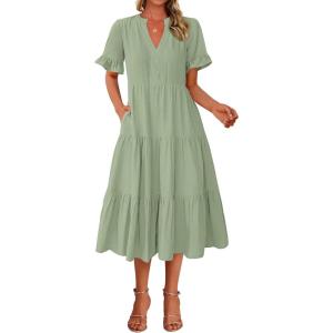 imageBTFBM Summer Dresses for Women 2025 Vacation V Neck Loose Short Sleeve A Line Tiered Flowy Casual Midi Beach DressGrey Green