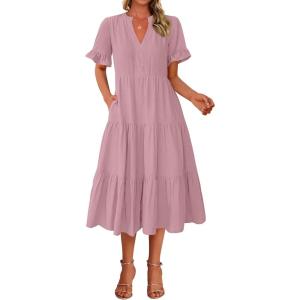 imageBTFBM Summer Dresses for Women 2025 Vacation V Neck Loose Short Sleeve A Line Tiered Flowy Casual Midi Beach DressHeather Pink