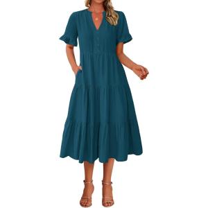 imageBTFBM Summer Dresses for Women 2025 Vacation V Neck Loose Short Sleeve A Line Tiered Flowy Casual Midi Beach DressLake Blue