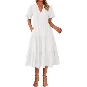 imageBTFBM Summer Dresses for Women 2025 Vacation V Neck Loose Short Sleeve A Line Tiered Flowy Casual Midi Beach DressWhite