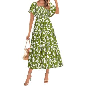 imageBTFBM Summer Floral Dress for Women 2025 Spring Boho Short Sleeve Square Neck Smocked Flowy Maxi Beach Vacation DressesFloral Army Green White
