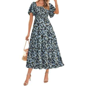 imageBTFBM Summer Floral Dress for Women 2025 Spring Boho Short Sleeve Square Neck Smocked Flowy Maxi Beach Vacation DressesFloral Blue Yellow
