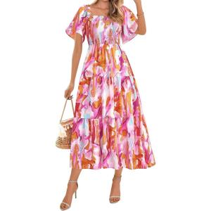 imageBTFBM Summer Floral Dress for Women 2025 Spring Boho Short Sleeve Square Neck Smocked Flowy Maxi Beach Vacation DressesFloral Brown Purple