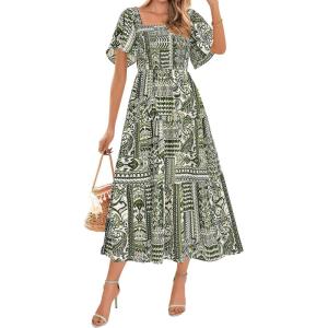 imageBTFBM Summer Floral Dress for Women 2025 Spring Boho Short Sleeve Square Neck Smocked Flowy Maxi Beach Vacation DressesFloral Grass Green