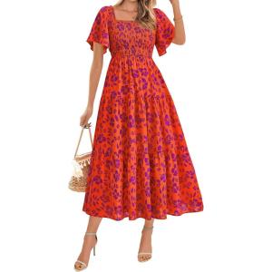 imageBTFBM Summer Floral Dress for Women 2025 Spring Boho Short Sleeve Square Neck Smocked Flowy Maxi Beach Vacation DressesFloral Orange Purple