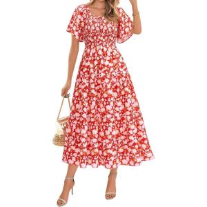 imageBTFBM Summer Floral Dress for Women 2025 Spring Boho Short Sleeve Square Neck Smocked Flowy Maxi Beach Vacation DressesFloral Red White