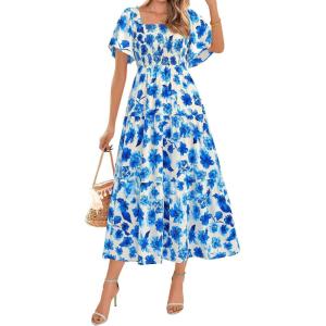 imageBTFBM Summer Floral Dress for Women 2025 Spring Boho Short Sleeve Square Neck Smocked Flowy Maxi Beach Vacation DressesFloral White Blue