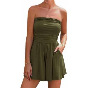 imageBTFBM Summer Womens Romper 2025 Strapless Tube Top Beach Vacation Clothes Ruffle Boho Loose Shorts Jumpsuits PocketsArmy Green
