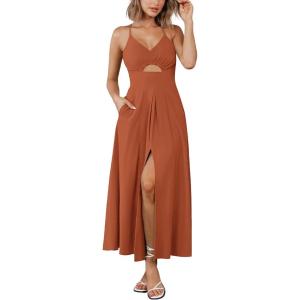 imageBTFBM Women 2025 Summer Spaghetti Strap Midi Dress Sleeveless V Neck Cutout Slit Casual Beach Party Maxi Dresses PocketsRust Red
