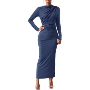 imageBTFBM Women Bodycon Maxi Dress Long Sleeve Back Slit Ruched Elegant Party Cocktail Formal Fall Wedding Guest DressesDark Grey Blue