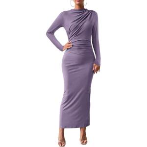 imageBTFBM Women Bodycon Maxi Dress Long Sleeve Back Slit Ruched Elegant Party Cocktail Formal Fall Wedding Guest DressesPurple