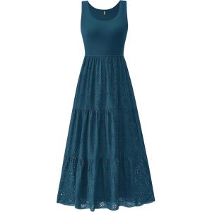 imageBTFBM Women Summer Eyelet Midi Dresses Casual Spring 2025 Sleeveless A Line Flowy Vacation Beach Wedding Guest Sun DressDark Lake Blue