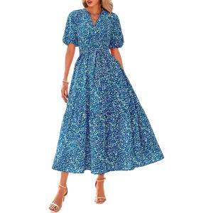 imageBTFBM Women Summer Floral Midi Dresses Casual Boho Puff Short Sleeve V Neck Button Belt Flowy Maxi Beach Vacation DressPrint Aqua Green Blue