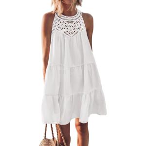 imageBTFBM Women Summer Halter Dresses Casual Spring 2025 Sleeveless ALine Tiered Swing Mini Dress Beach Vacation SundressWhite