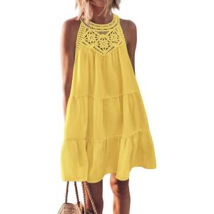 imageBTFBM Women Summer Halter Dresses Casual Spring 2025 Sleeveless ALine Tiered Swing Mini Dress Beach Vacation SundressYellow