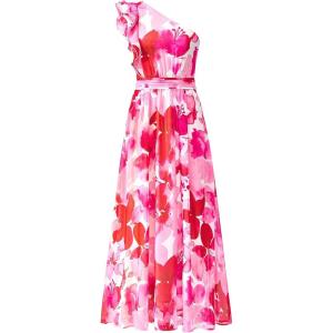 imageBTFBM Women Summer One Shoulder Floral Wedding Guest Dresses Sleeveless Smocked Ruffle Flowy Beach Vacation Maxi DressBig Floral Red White