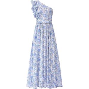 imageBTFBM Women Summer One Shoulder Floral Wedding Guest Dresses Sleeveless Smocked Ruffle Flowy Beach Vacation Maxi DressFloral Blue