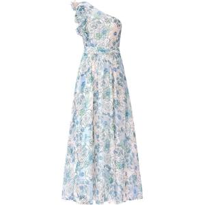 imageBTFBM Women Summer One Shoulder Floral Wedding Guest Dresses Sleeveless Smocked Ruffle Flowy Beach Vacation Maxi DressFloral Light Blue