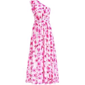 imageBTFBM Women Summer One Shoulder Floral Wedding Guest Dresses Sleeveless Smocked Ruffle Flowy Beach Vacation Maxi DressFloral Pink White