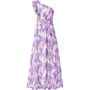 imageBTFBM Women Summer One Shoulder Floral Wedding Guest Dresses Sleeveless Smocked Ruffle Flowy Beach Vacation Maxi DressFloral Purple