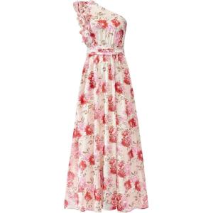 imageBTFBM Women Summer One Shoulder Floral Wedding Guest Dresses Sleeveless Smocked Ruffle Flowy Beach Vacation Maxi DressFloral Red Apricot