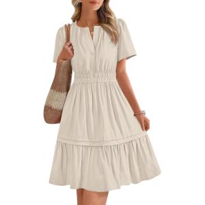 imageBTFBM Womens Casual Dresses 2025 Summer Spring V Neck Short Sleeve Sundress Smocked Waist A Line Tiered Mini DressApricot
