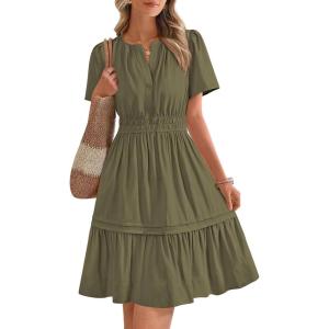 imageBTFBM Womens Casual Dresses 2025 Summer Spring V Neck Short Sleeve Sundress Smocked Waist A Line Tiered Mini DressArmy Green