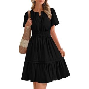 imageBTFBM Womens Casual Dresses 2025 Summer Spring V Neck Short Sleeve Sundress Smocked Waist A Line Tiered Mini DressBlack