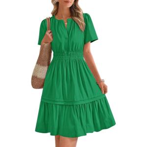 imageBTFBM Womens Casual Dresses 2025 Summer Spring V Neck Short Sleeve Sundress Smocked Waist A Line Tiered Mini DressGreen