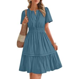imageBTFBM Womens Casual Dresses 2025 Summer Spring V Neck Short Sleeve Sundress Smocked Waist A Line Tiered Mini DressGrey Blue