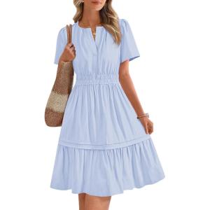 imageBTFBM Womens Casual Dresses 2025 Summer Spring V Neck Short Sleeve Sundress Smocked Waist A Line Tiered Mini DressLight Blue